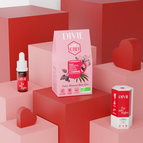 DIVIE Pack règles : infusion fruits rouges, hibiscus, chanvre + huile CBD règles douloureuses