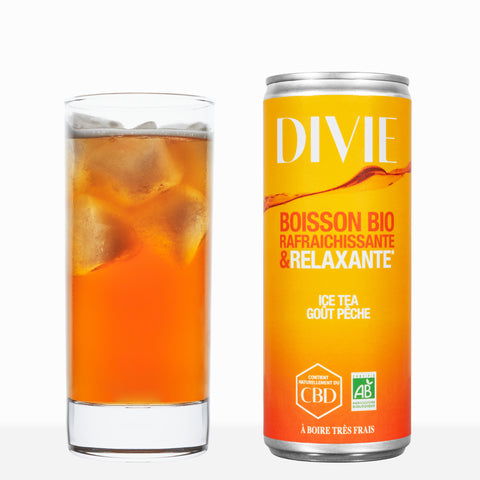 Boisson rafraîchissante et relaxante CBD goût ice tea pêche DIVIE