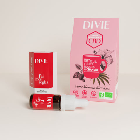 DIVIE Pack règles : infusion fruits rouges, hibiscus, chanvre + huile CBD règles douloureuses